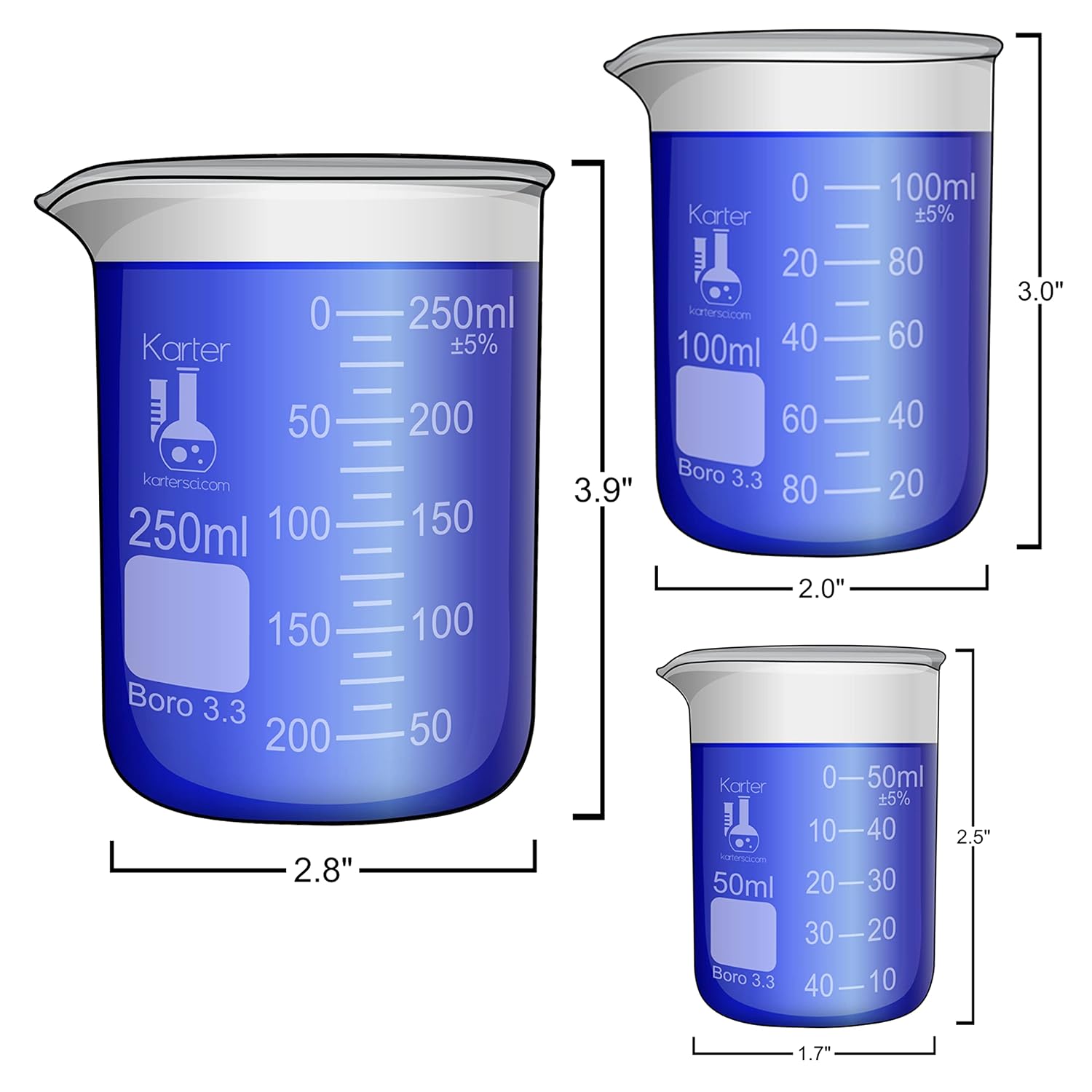 Beaker, Flask, Cylinder Set, 3.3 Boro. Glass - 9 Pieces - Beaker Set, Flask Set, and Graduated Cylinder Set, Karter Scientific 233N2 - Image 3