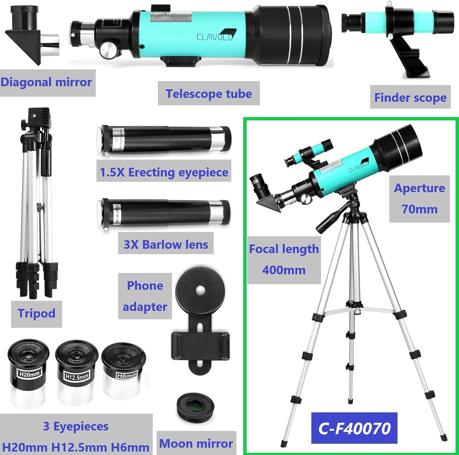 Telescope 70mm Aperture for Kids & Astronomy Beginners, Travel Telescope with Adjustable Tripod & Phone Adaper, Magnification 20X–200X - Image 3