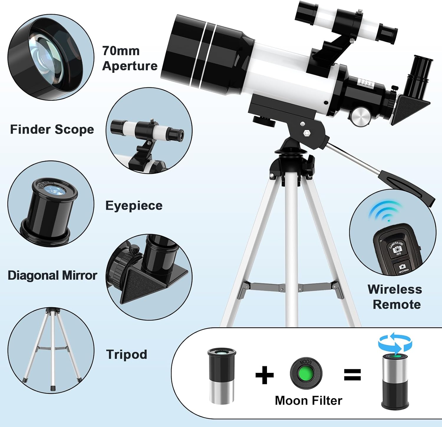 Telescope for Kids, 70MM Aperture Telescopes for Adults (15X-150X) with FMC Optics, 300MM Astronomical Refractor Telescope for Beginners with Phone Adapter, Portable Astronomy Gifts for Moon and Star - Image 6