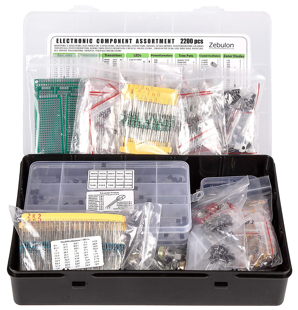 2200 pcs Electronic Component Assortment Kit, Capacitors, Resistors, Transistors, Inductors, Diodes, Potentiometer, IC, LED and PCB - Image 3