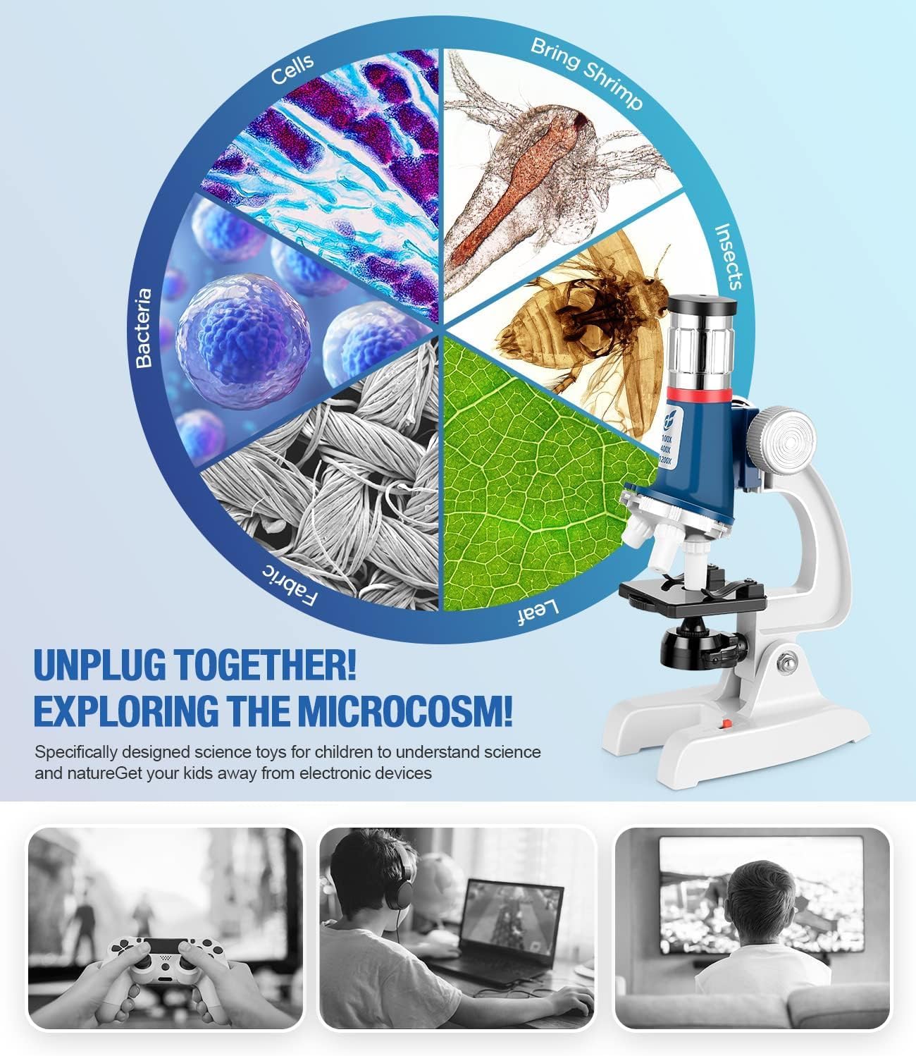 58-Piece Kids Microscope Kit - 100X-1200X Magnification, Metal Body, LED Light, Carrying Box - Science Experiment Toy for Kids Ages 5-12 - Image 4