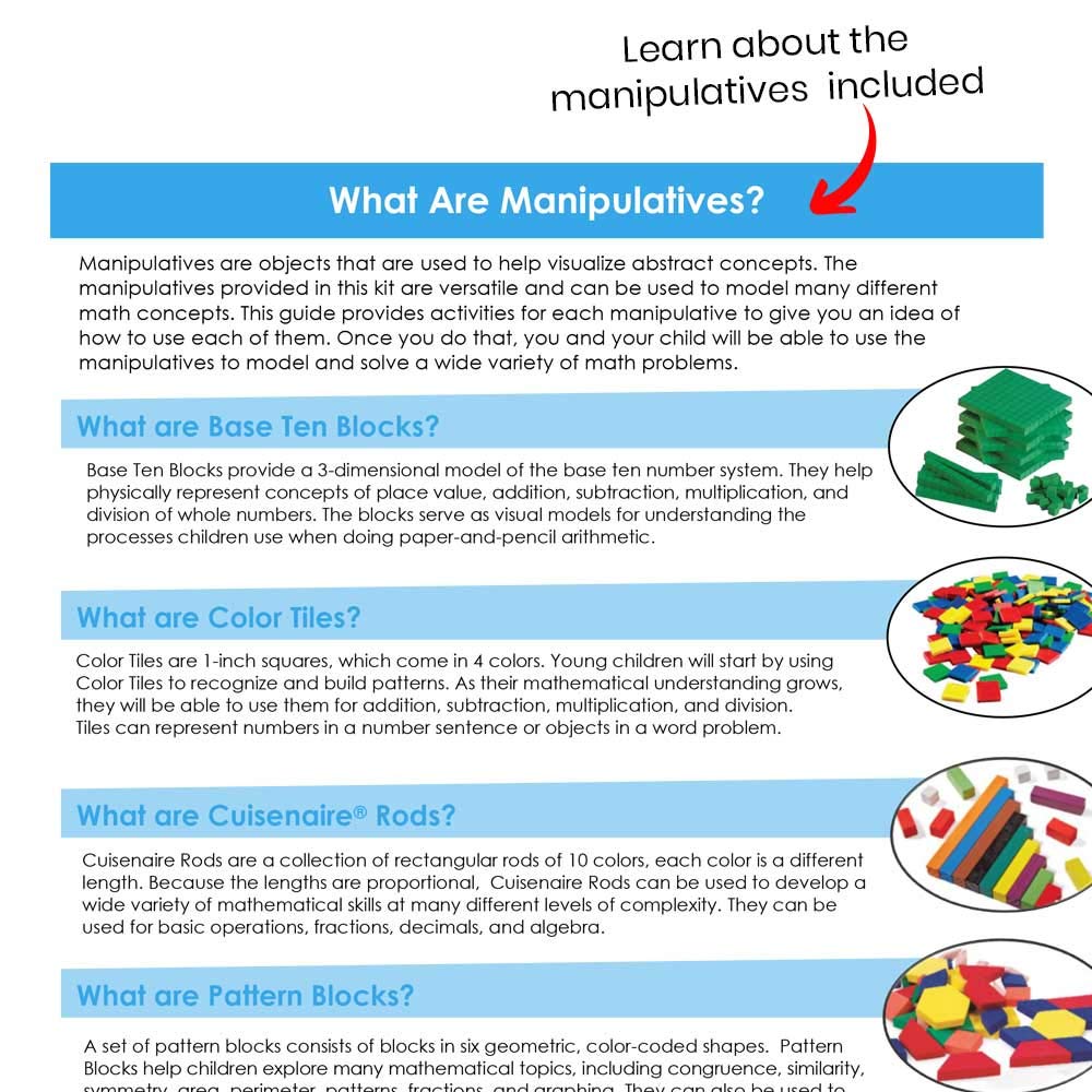hand2mind-93538 Take Home Math Manipulatives Kit for Kids Grade K-2, with Snap Cubes, Base Ten Blocks, Cuisenaire Rods, Pattern Blocks, Color Tiles and Learning Clock, Homeschool Supplies (292 Pieces) - Image 4