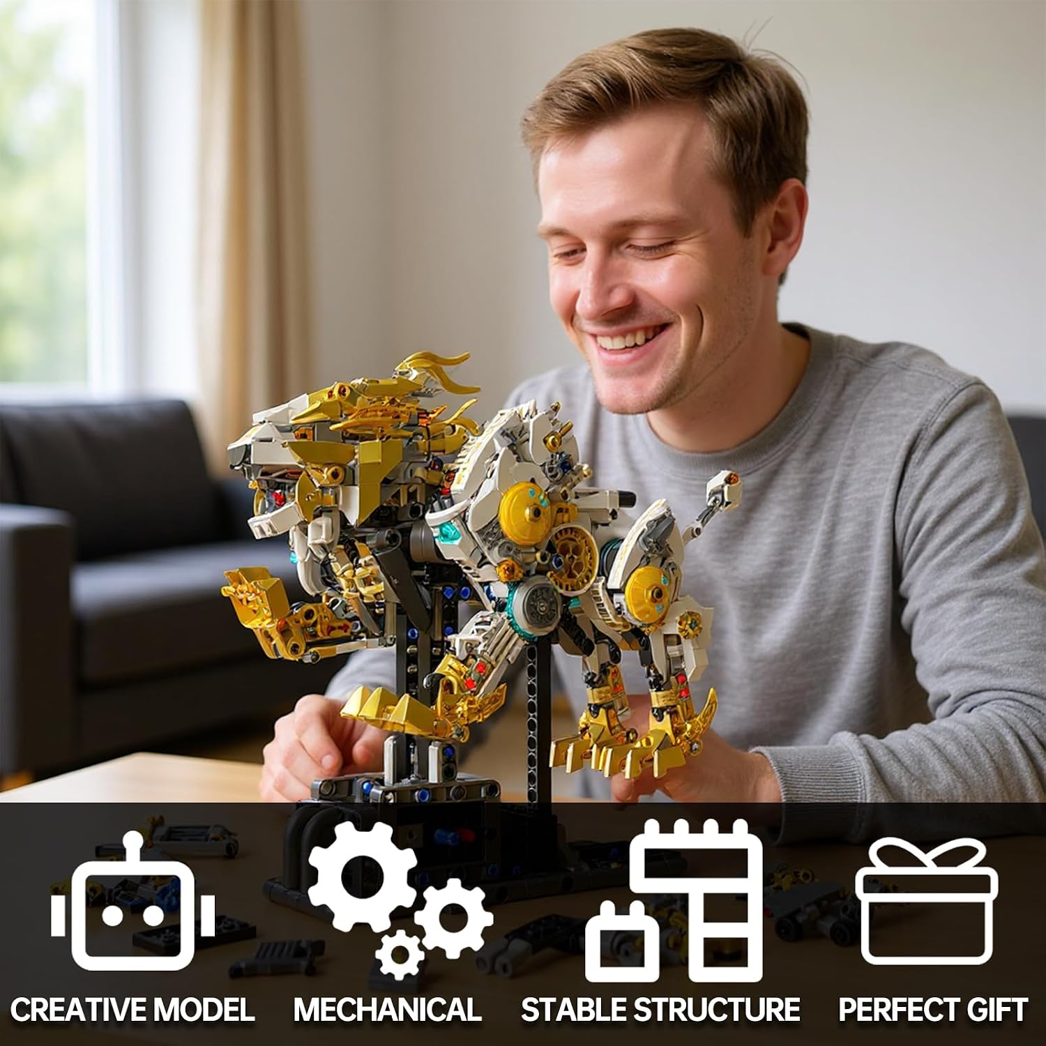 CSNRHG Mechanical Lion Building Block Toy Set Futuristic Mechanical Beast Model with Movable Parts & Gears Premium Mechanical Building Kit with Display Stand, Ideal Gift for Boys & Adults - Image 6