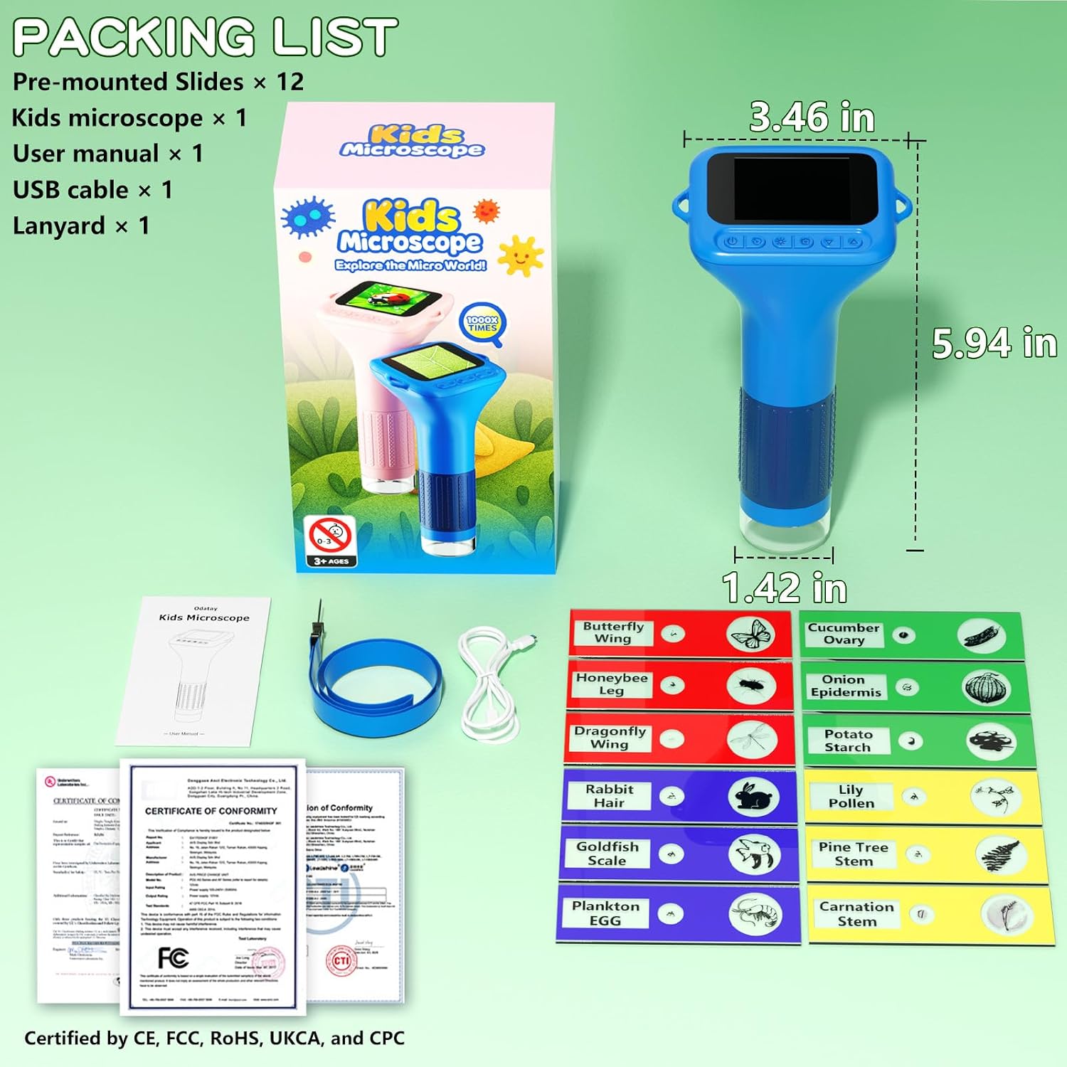 Odatay 1000X Digital Kids Microscope Kit with 12 Slides & 2" Screen, Blue - Image 8