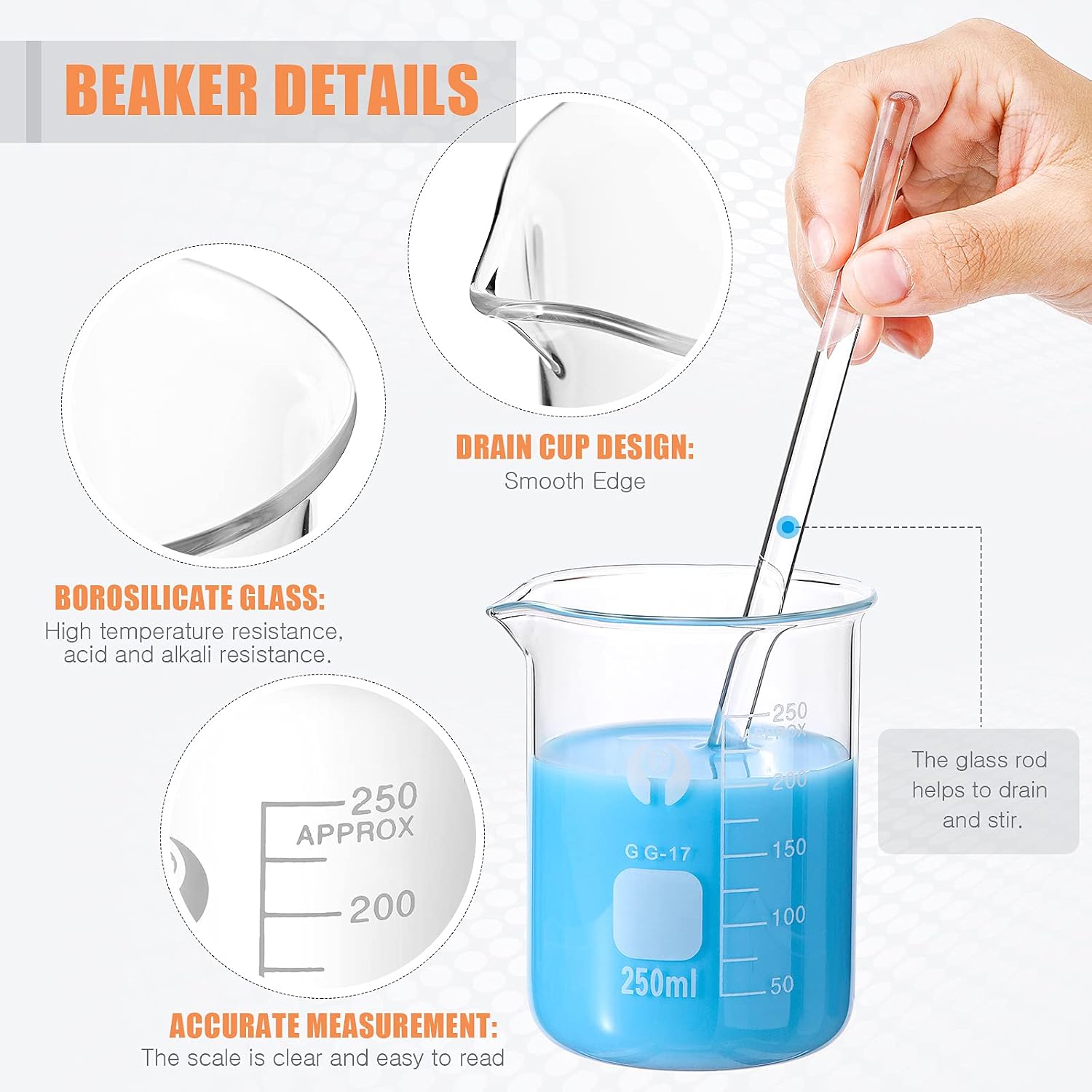 Feekoon 10 Pieces Glass Measuring Beaker and Graduated Measuring Cylinder with Stirring Rod 50/100/ 250/500/ 1000 ml Thick Glass Beakers and 5/10/ 50/100 ml Graduated Cylinders for Science Lab - Image 5