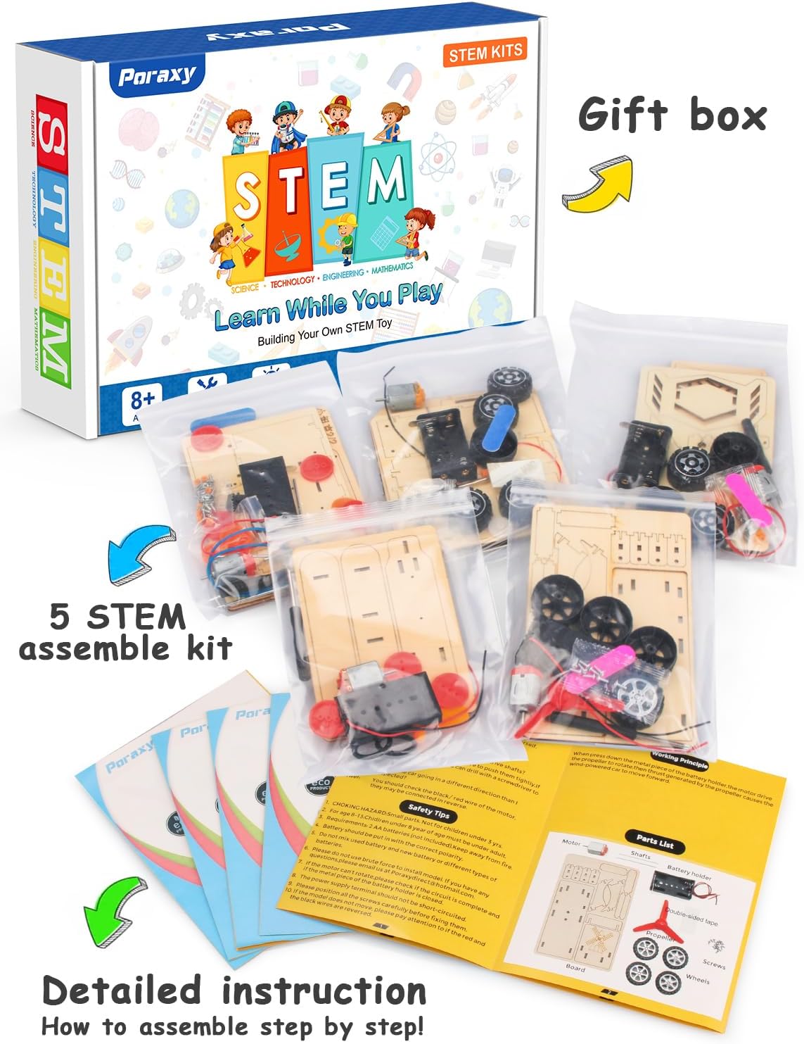 Poraxy 5 in 1 STEM Kits for Kids Age 8-10, Science Building Project Craft for 8-13, Model Car Kit, STEM Toys for Boys Girls Age 8-12, Wooden 3D Puzzles, Birthday Gifts for 6 7 8 9 10 11 12 13 Year Old - Image 7