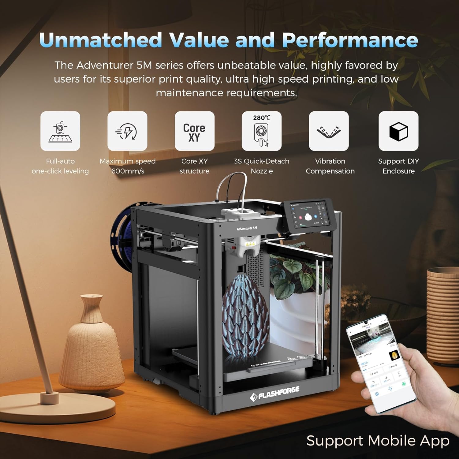 FLASHFORGE Adventurer 5M 3D Printer with Fully Auto Leveling, Max 600mm/s High Speed Printing, 280°C Direct Extruder with 3S Detachable Nozzle, CoreXY All Metal Structure, Print Size 220x220x220mm - Image 2
