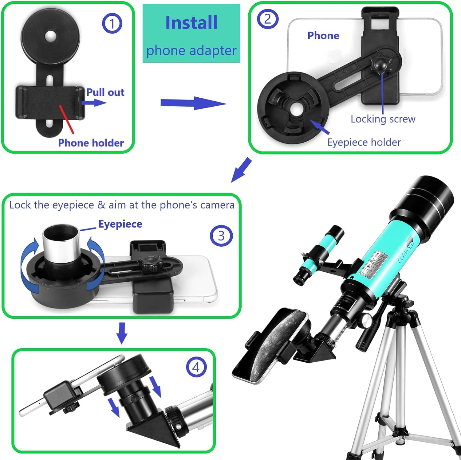 Telescope 70mm Aperture for Kids & Astronomy Beginners, Travel Telescope with Adjustable Tripod & Phone Adaper, Magnification 20X–200X - Image 4