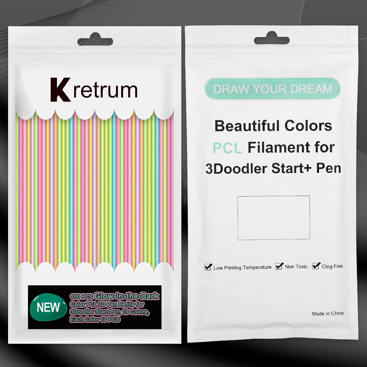 Kretrum Glow in the Dark 3D Doodler Pen Refills for 3Doodler Start+ 3D Pen 2.5mm PCL Filament Refills Packs 10 Colors Glow Filament Each Color 10 pcs Total 100 pcs Only Fit for 3Doodler Start Pen - Image 4