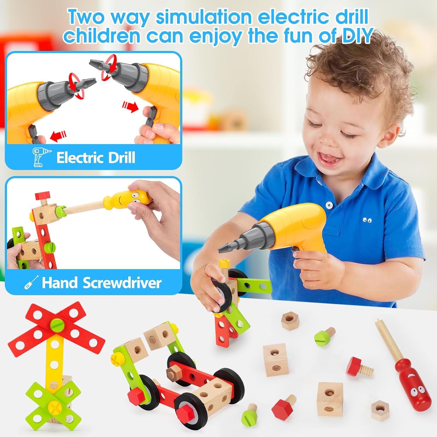 44 Pcs Toddler Tool Set, Wooden Tools for Kids Ages 3-5 with Drill and Box - Image 2