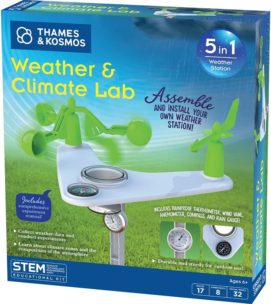 Thames & Kosmos Weather & Climate Lab STEM Experiment Kit, 5-in-1 Meteorology Station w/Wind Vane, Compass, Rain Gauge, Anemometer & Thermometer for Ages 6+, Includes Stake for Outdoor Use