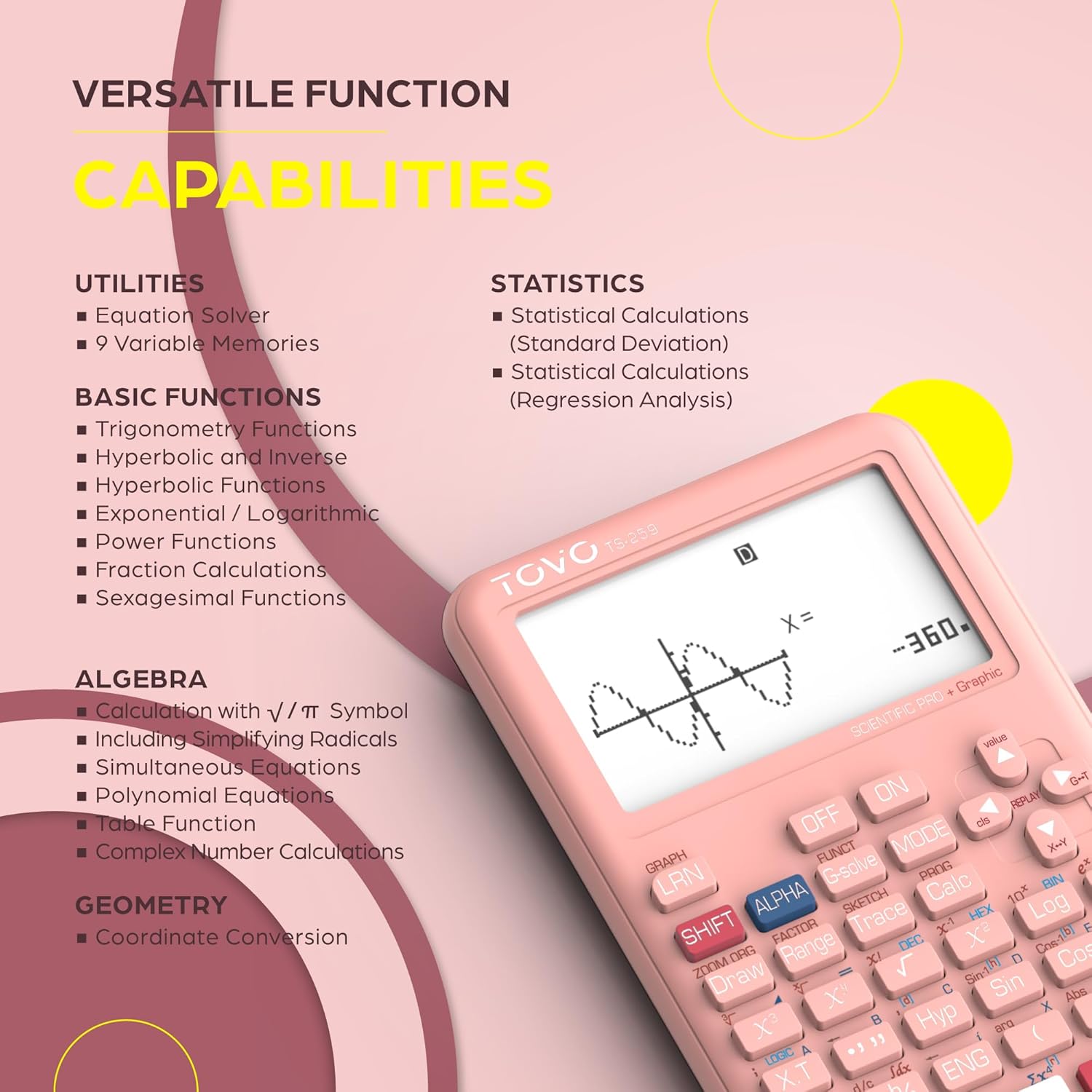 TOVO Scientific Calculator with Graphic Functions, 360+ Functions Graphing Calculator for Students, Large 3" Screen Multi-Mode Scientific Calculators for High School & College, TS-259 - Image 4