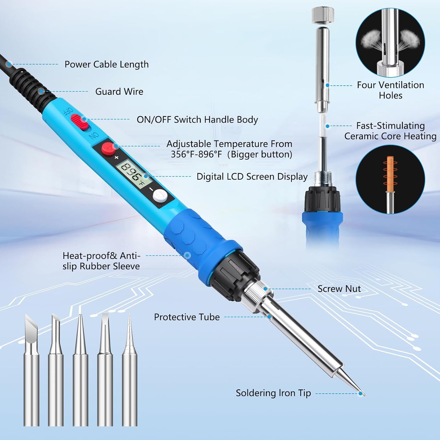 Soldering Iron Kit, 80W 110V LCD Digital Solder Iron Pen with Ceramic Heater, Portable Welding Tools with 5pcs Tips, Stand, Solders Wire, Sponge, Paste, for Metal,Electric Repairs, DIY - Image 2