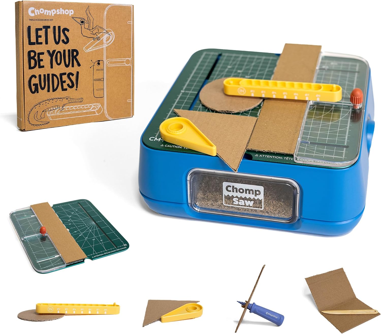 Chompshop Builder Bundle – Kid-Safe ChompSaw with Table Accessories Set | Fence, Circle-Cutting Tool & Angle Guide | Precision Cardboard Cutting Attachments for Kids STEM