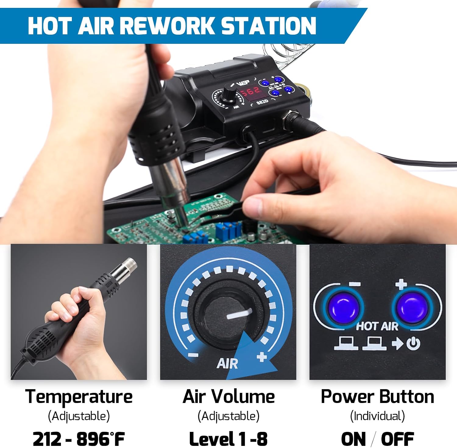 WEP 882D Soldering Iron Station 2-IN-1 SMD Hot Air Rework Station with 2 Spools of Solder Wire, 5 Soldering Tips, 3 Hot Air Nozzles, Brass Wool Tip Cleaner, Tweezers, Desoldering pump - Image 5