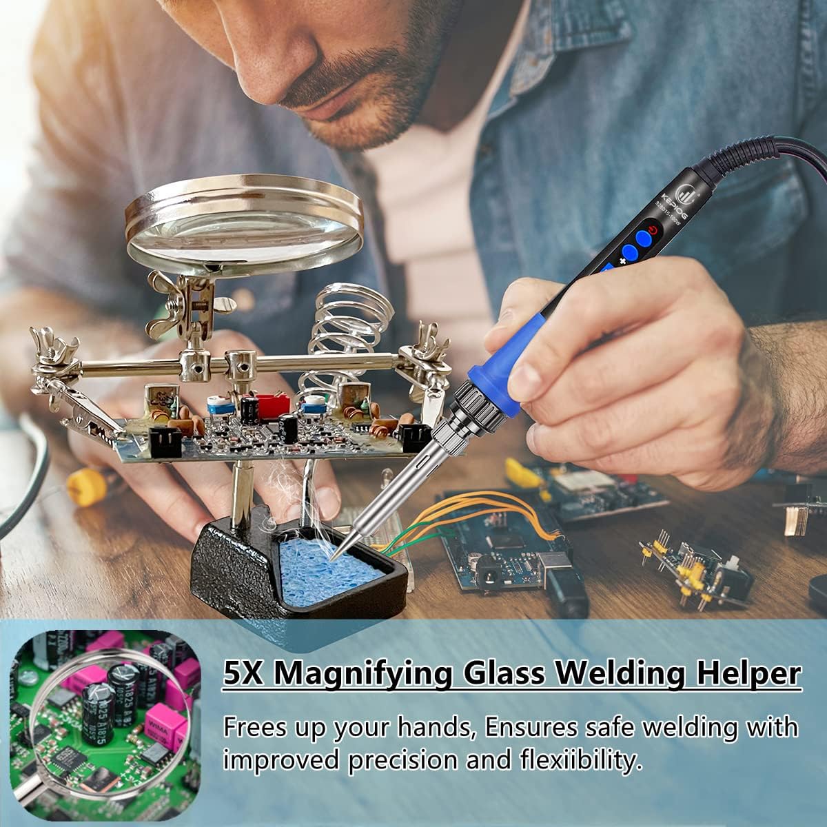 Soldering Iron Kit, 100W High-Power LCD Digital Soldering Iron, Circuit Board Repair Soldering Kit with Magnifying Glass Helping Hands, Adjustable Temperature Solder Welding Tools - Image 3