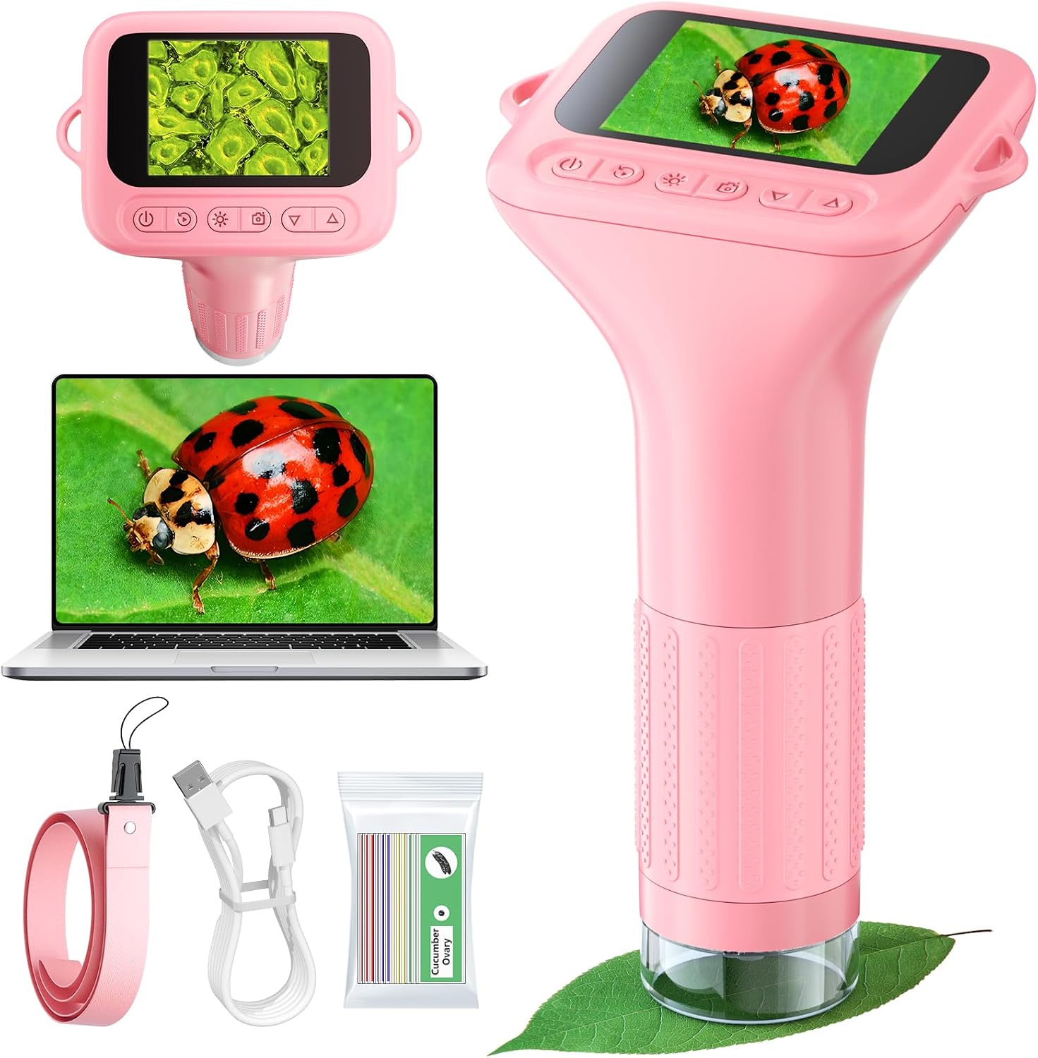 Odatay 1000X Digital Kids Microscope Kit with 12 Slides & 2" Screen, Pink