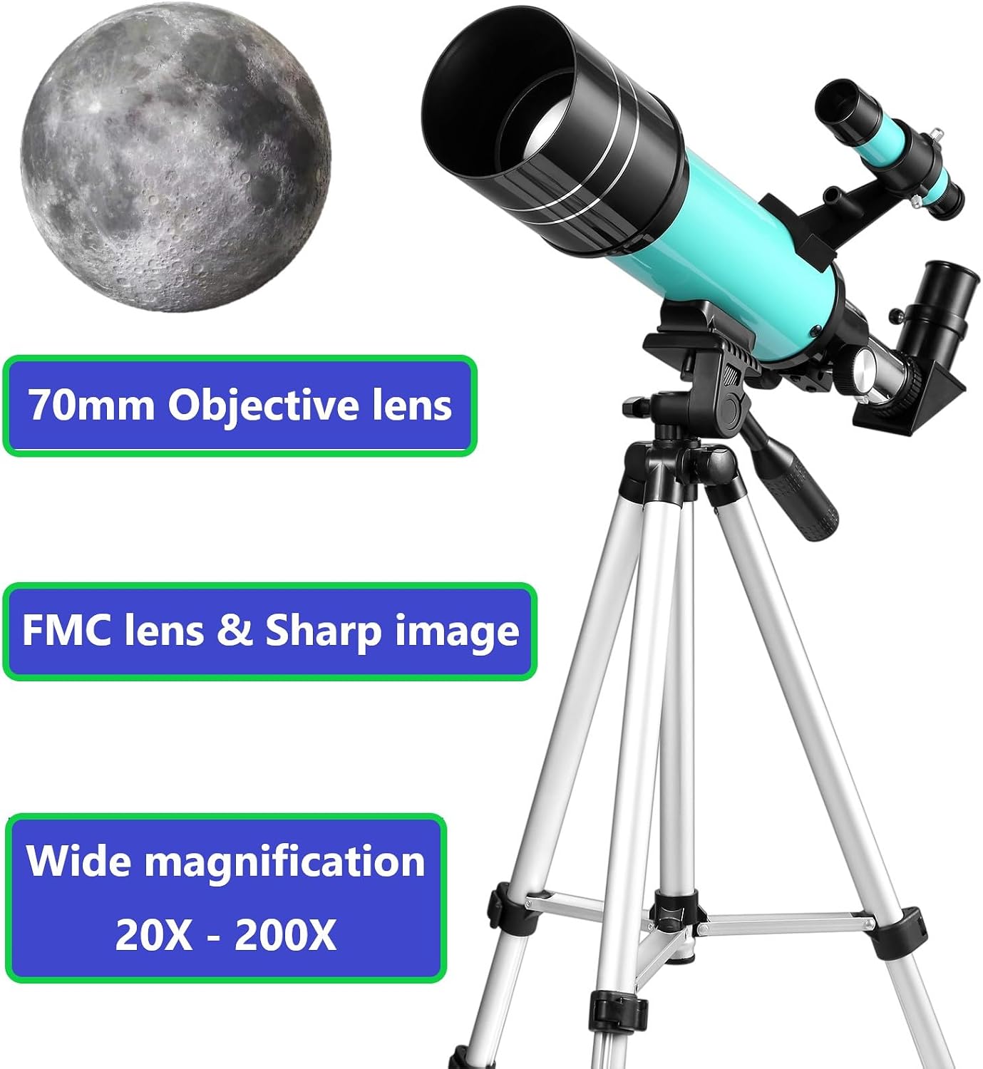 Telescope 70mm Aperture for Kids & Astronomy Beginners, Travel Telescope with Adjustable Tripod & Phone Adaper, Magnification 20X–200X