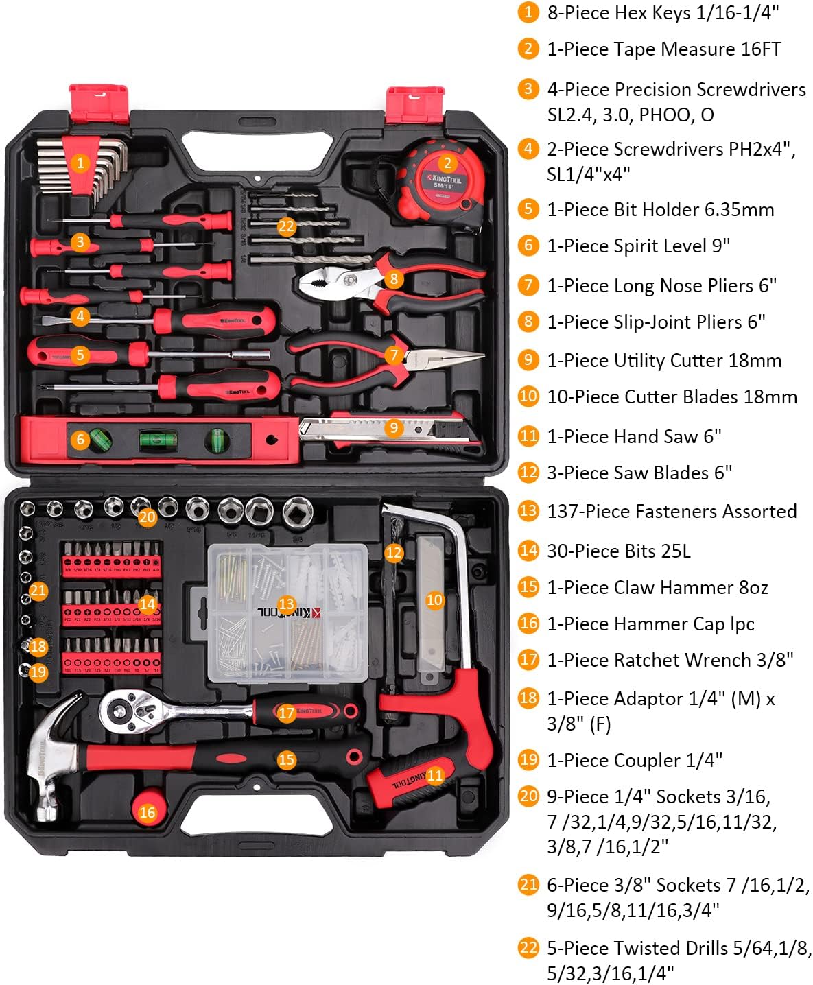 KingTool Home Repair Tool Kit - 226 Piece General Home/Auto Repair Tool Set, General Mechanic Tool Set, General Household Tool Kit, Perfect for Homeowner, Diyer, Handyman - Image 2