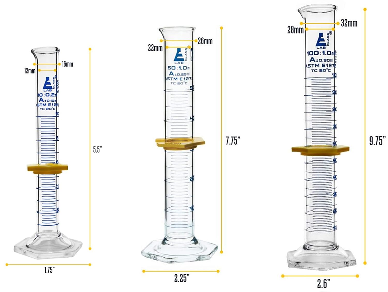 EISCO Laboratory Glassware Set, 9pcs - Includes Beaker Set (3pcs), Erlenmeyer Flask Set (3pcs), ASTM Class A Graduated Cylinder Set (3pc) - Chemistry Glassware - Made of Borosilicate 3.3 Glass - Image 4