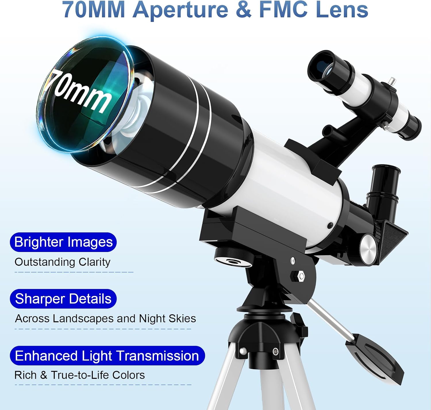 Telescope for Kids, 70MM Aperture Telescopes for Adults (15X-150X) with FMC Optics, 300MM Astronomical Refractor Telescope for Beginners with Phone Adapter, Portable Astronomy Gifts for Moon and Star - Image 3