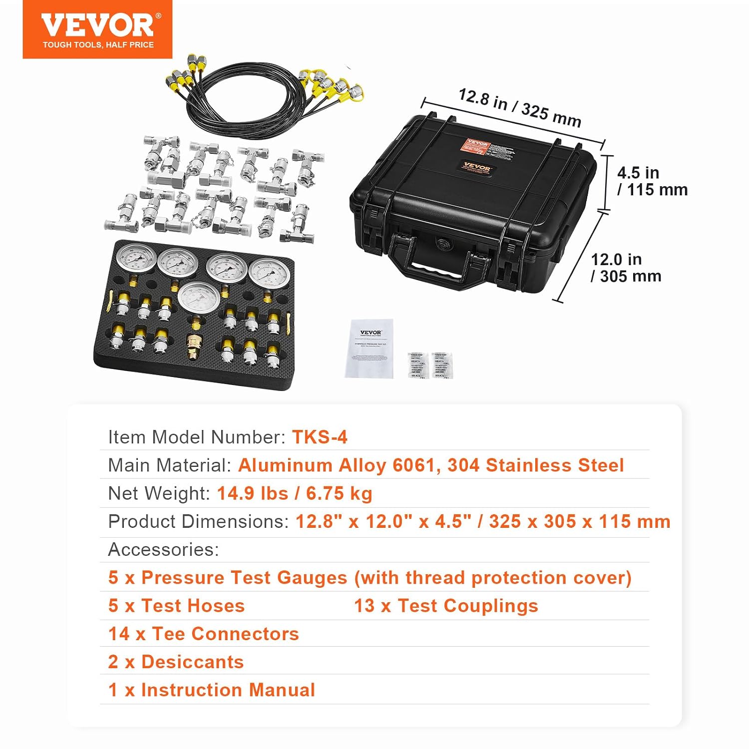 VEVOR Hydraulic Pressure Test Kit, 10/100/250/400/600bar, 5 Gauges 13 Test Couplings 14 Tee Connectors 5 Test Hoses, Hydraulic Gauge Kit with Sturdy Carrying Case, for Excavator Construction Machinery - Image 7