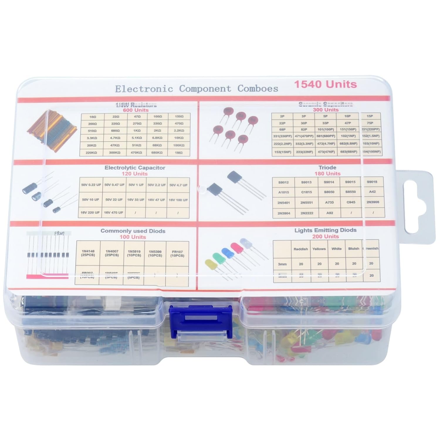 1540 Pcs Electronic Component Assortment Kit LED Diode Transistor Metal Film Resistors Aluminum Electrolytic Capacitors Ceramic Capacitors and 40Pin Male to Male Jumper Wire - Image 6