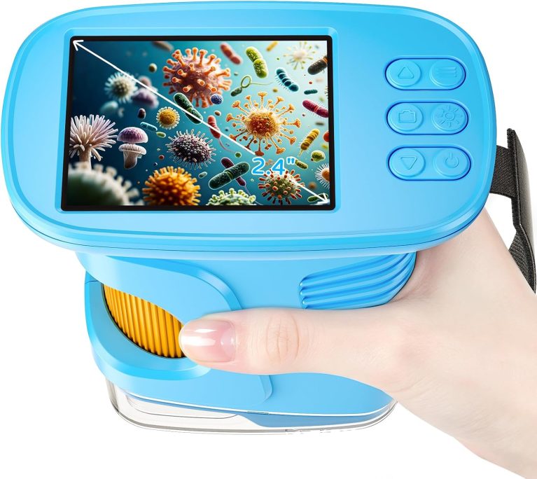 1000X Kids Handheld Microscope, 4K Digital Mini Pocket Digital Microscope with 2.4" IPS Screen, Built-in Camera & 12 Prepared Slides, STEM Educational Toy, Birthday Gift for Boys & Girls Ages 3–12