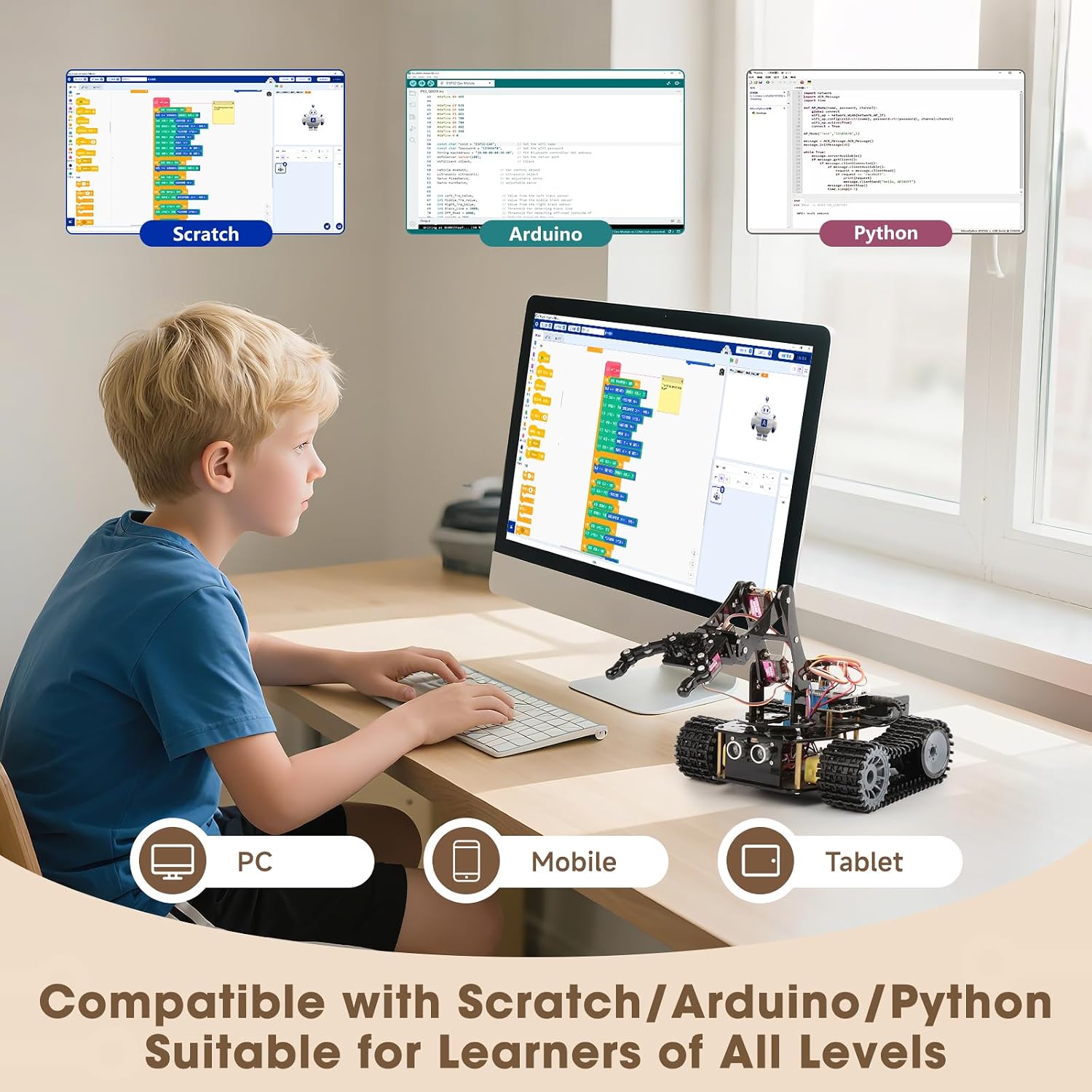 Robotics for Kids Ages 12-16, ACEBOTT 4 in 1 Smart Robot Arm with 5DOF + Tank Car, STEM Toys Coding Kit Compatible with Arduino & Scratch, App & Remote Control, for Kids & Teens - Image 7