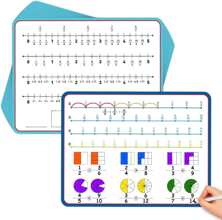 Aizweb 12 Pack Fraction Manipulatives Dry Erase Board,12"x9" Fraction Number Line Bars,Math Manipulatives Fraction Games Flash Cards for 4th-8th Grade Kids,Homeschool Classroom Teaching Supplies