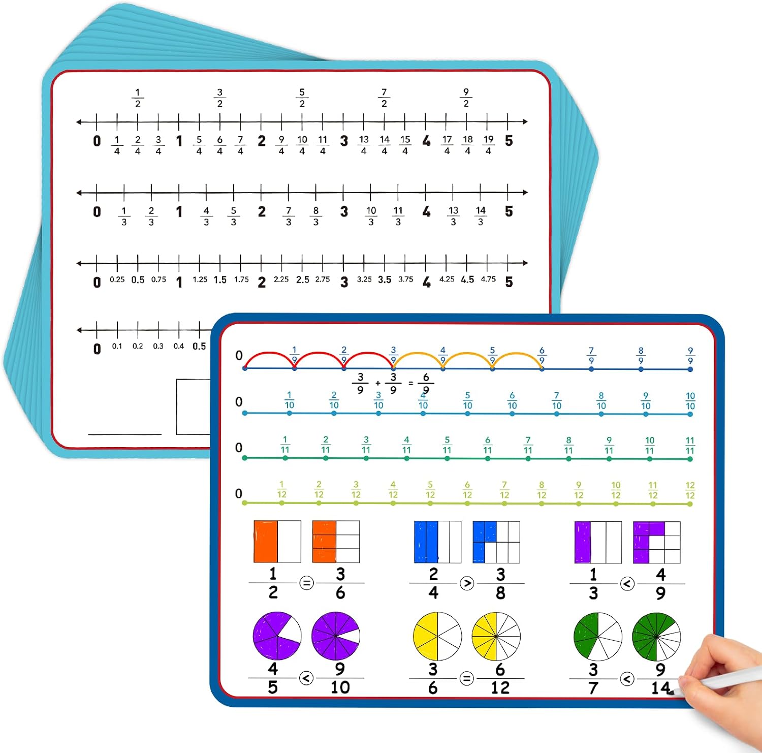 Aizweb 12 Pack Fraction Manipulatives Dry Erase Board,12"x9" Fraction Number Line Bars,Math Manipulatives Fraction Games Flash Cards for 4th-8th Grade Kids,Homeschool Classroom Teaching Supplies