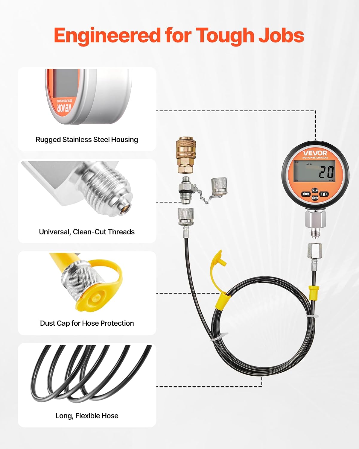 VEVOR Digital Hydraulic Pressure Test Coupling Kit, 10000 PSI Pressure Gauge Manometer Tester with 2 Gauges, 9 Test Couplings, 2 Quick-Release Couplers, 2 Hoses for Excavator Construction Machinery - Image 5