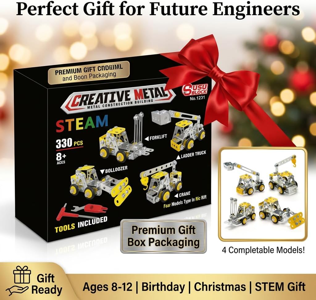 Erector Set for Boys Age 8-12,4 Mini Metal Model Set for Kids,330 PCS STEM Construction Toys,Engineering Building Set with Crane,Forklift,Bulldozer,Fire Truck-DIY STEM Educational Gift for Boys&Teens - Image 7