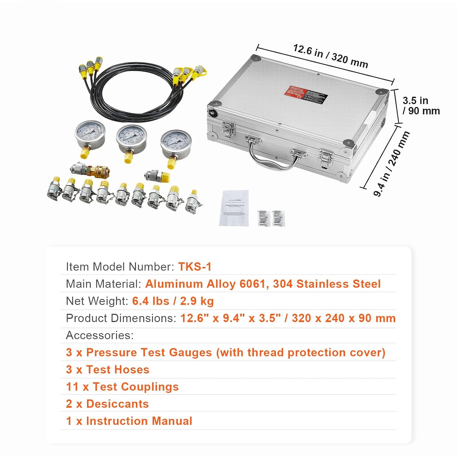 Hydraulic Pressure Test Kit, 250/400/600bar, 3 Gauges 11 Test Couplings 3 Test Hoses, Excavator Hydraulic Test Gauge Set with Portable Carrying Case for Excavator Tractors Construction Machinery - Image 7
