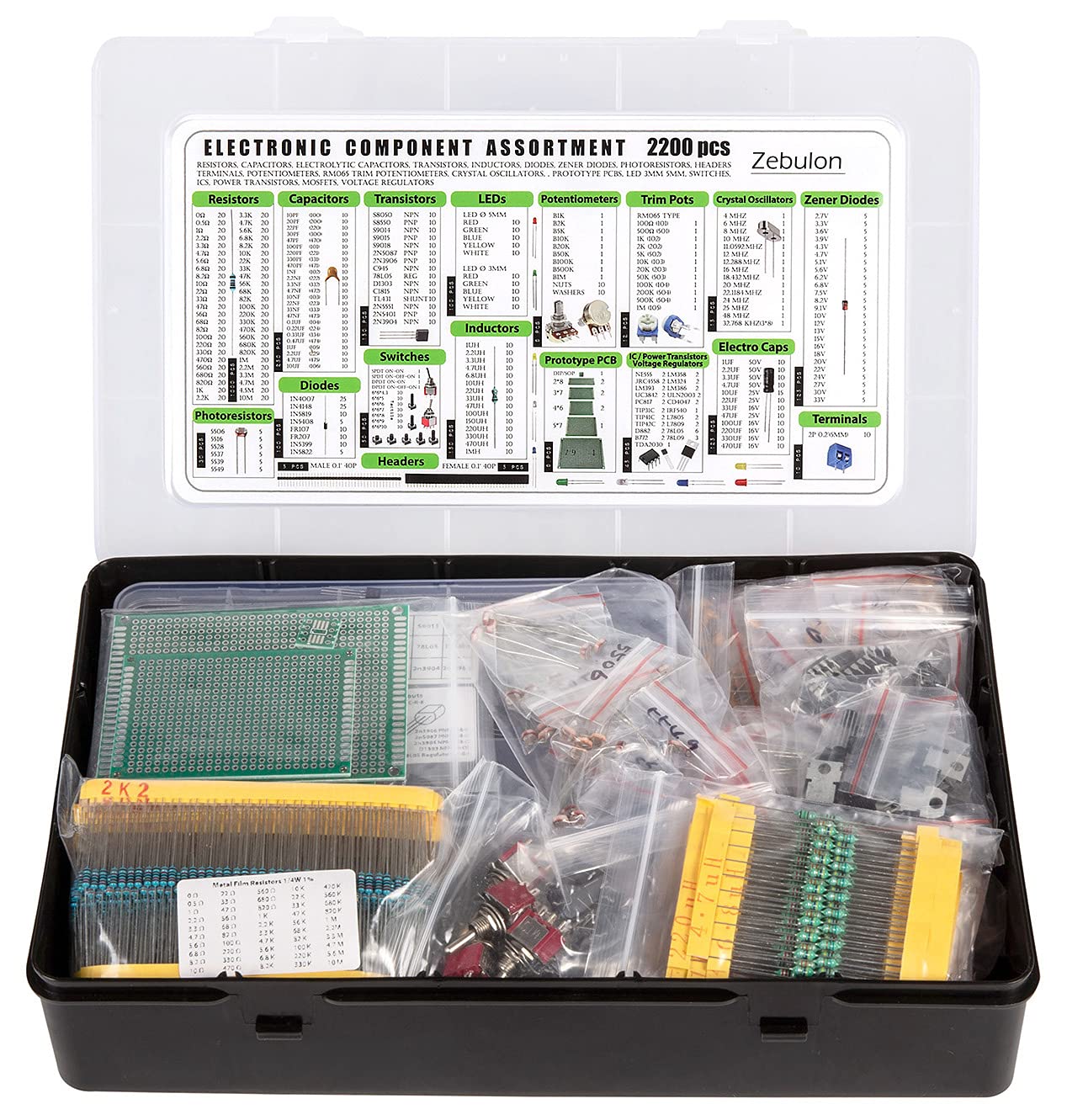 2200 pcs Electronic Component Assortment Kit, Capacitors, Resistors, Transistors, Inductors, Diodes, Potentiometer, IC, LED and PCB - Image 5