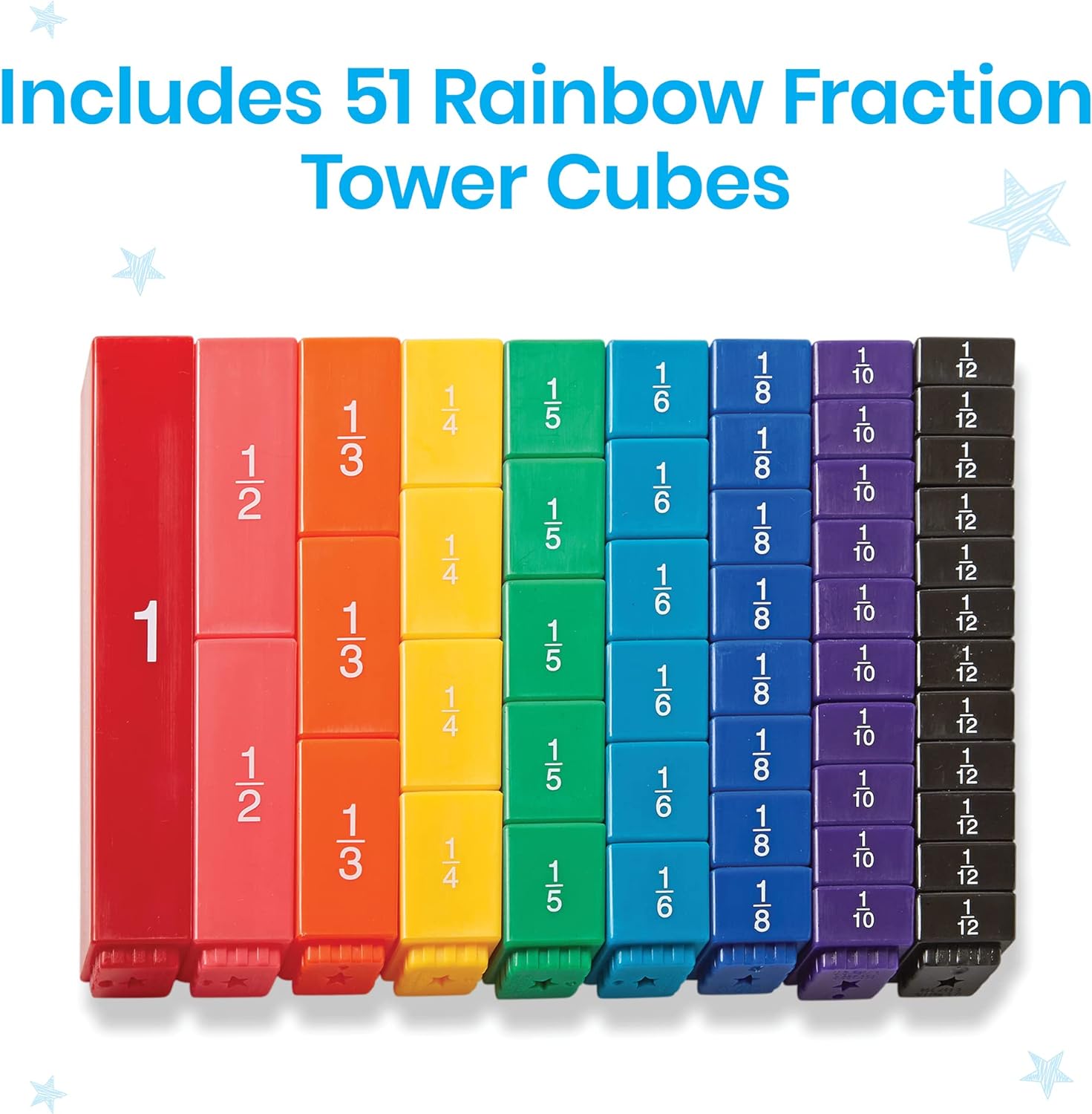 hand2mind Rainbow Fraction Tower Cubes, Fraction Equivalency, Montessori Math Blocks Materials for Kids, Math Manipulatives 4th Grade, Elementary Teacher Must Haves (Set of 51) - Image 2