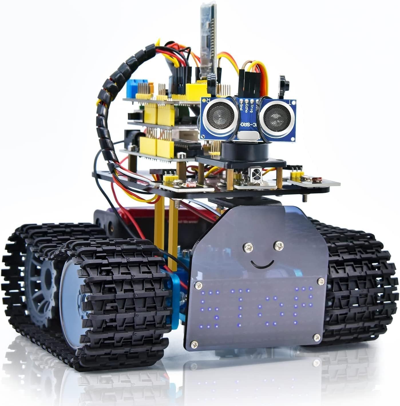 KEYESTUDIO Mini Tank Robotic Kit Smart Car for Arduino, App/IR Remote Control(iOS and Android), Light and Ultrasonic Follow, 8X16 LED Panel STEM Kit for Beginners Teens