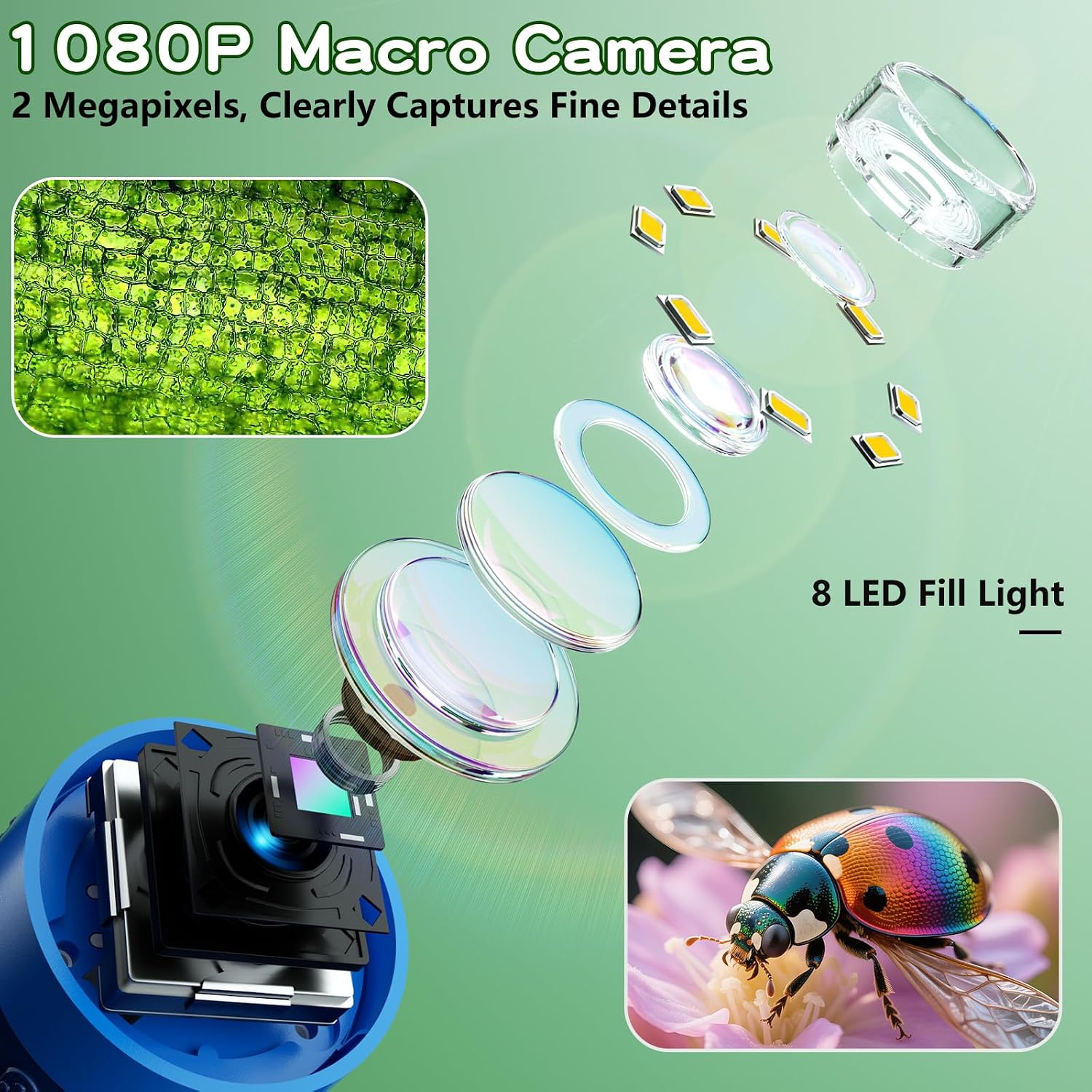 Odatay 1000X Digital Kids Microscope Kit with 12 Slides & 2" Screen, Blue - Image 3