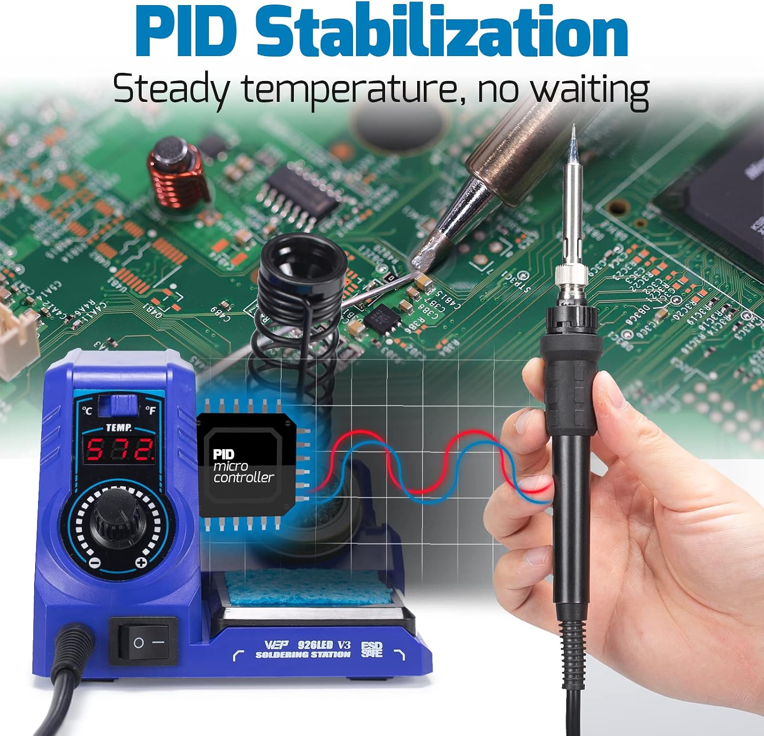WEP 926LED V3 Soldering Station 130W MAX Soldering Iron Kit with Solder Wire, 5 Soldering Tips, Tweezers, Solder Sucker, Tip Cleaner, Temperature Control, Sleep Mode, C-F Conversion - Image 5