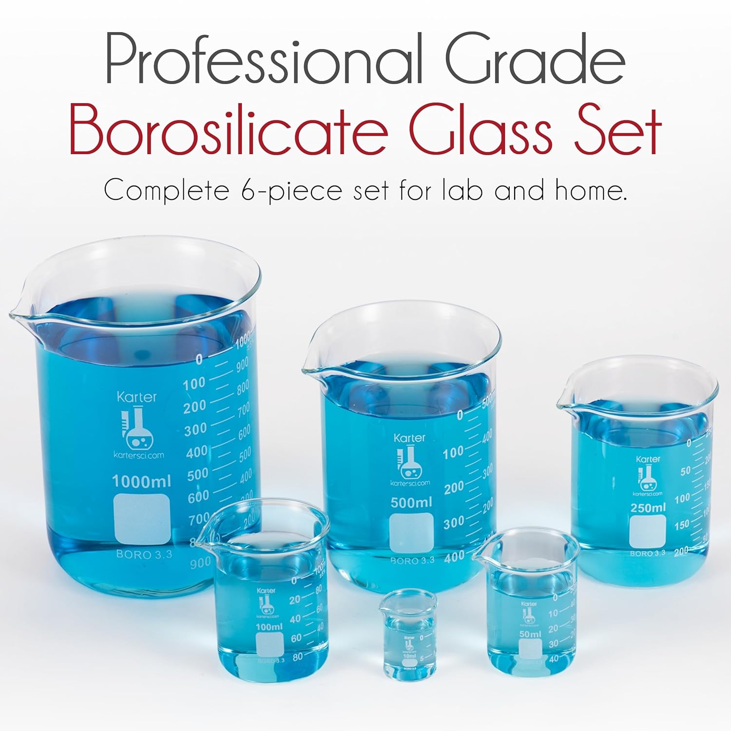 Karter Scientific, 3.3 Boro, Griffin Low Form, Glass Beaker Set - 6 Sizes - 10ml, 50ml, 100ml, 250ml, 500ml, 1000ml - Image 2