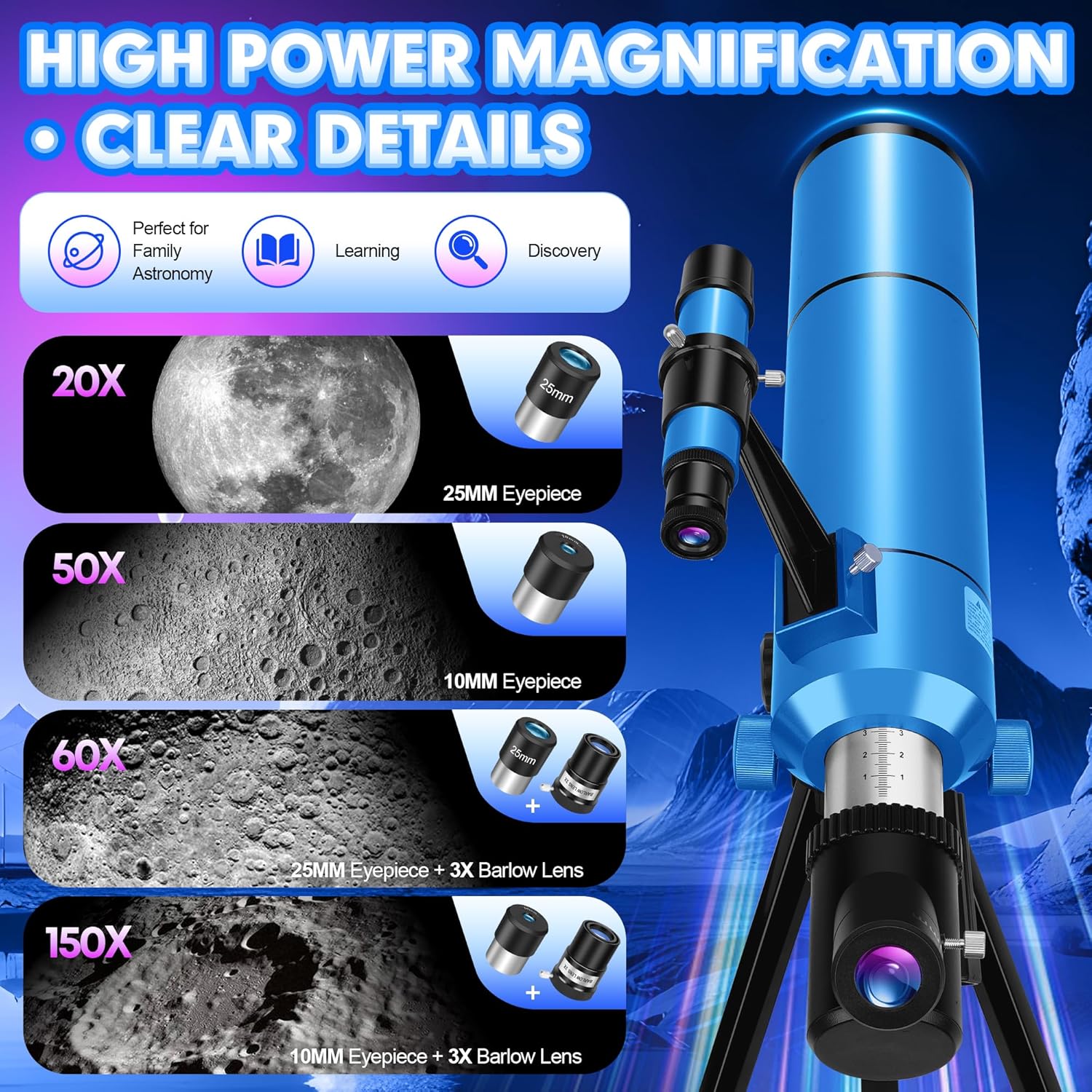 Telescope for Adults & Kids, 80mm Aperture 500mm (20X-150X) Professional Refractor Telescope for Astronomy Beginners, Portable Travel Telescopes with Tripod Phone Adapter, Stickers, Backpack - Image 4