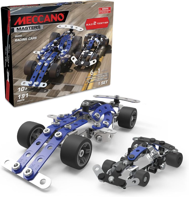 MECCANO Masters 6-in-1 Race Cars Building Toys - Engineering Construction Kit with 191 Parts, Real Tools, Advanced Building Challenges, Birthday Gifts for Ages 10+
