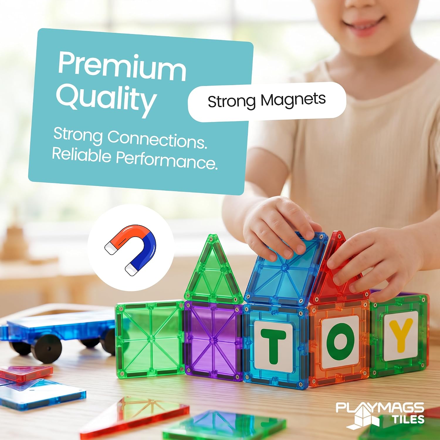 Magnetic Tiles for Kids 100-Piece Set, STEM Educational Building Blocks, Includes 2 Cars & Click-in ABC Learning Tiles, Gift for Boys & Girls, Magnetic Figures & 2 or 4 Car Set Add-Ons Available - Image 6