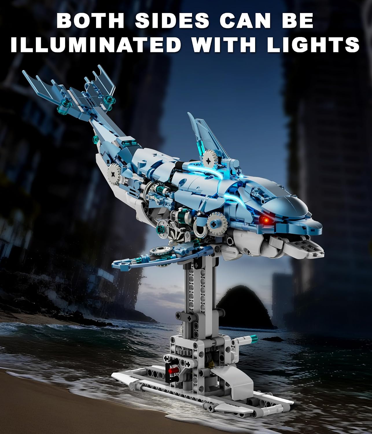 Moving Mechanical Dolphin Building Set - Hand Crank Model Kit with Swimming Tail, Movable Jaw & Glowing Lights | STEM Educational Toy & Unique Desk Decor - Image 4