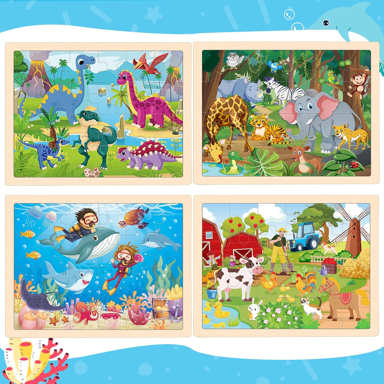 Puzzles for Kids Ages 4-6, 4 Packs Wooden Animals Jigsaw Puzzles for Toddlers Ages 3-5, Preschool Educational Puzzles Boards Toys Gifts for 3 4 5 6 Boys Girls - Image 2
