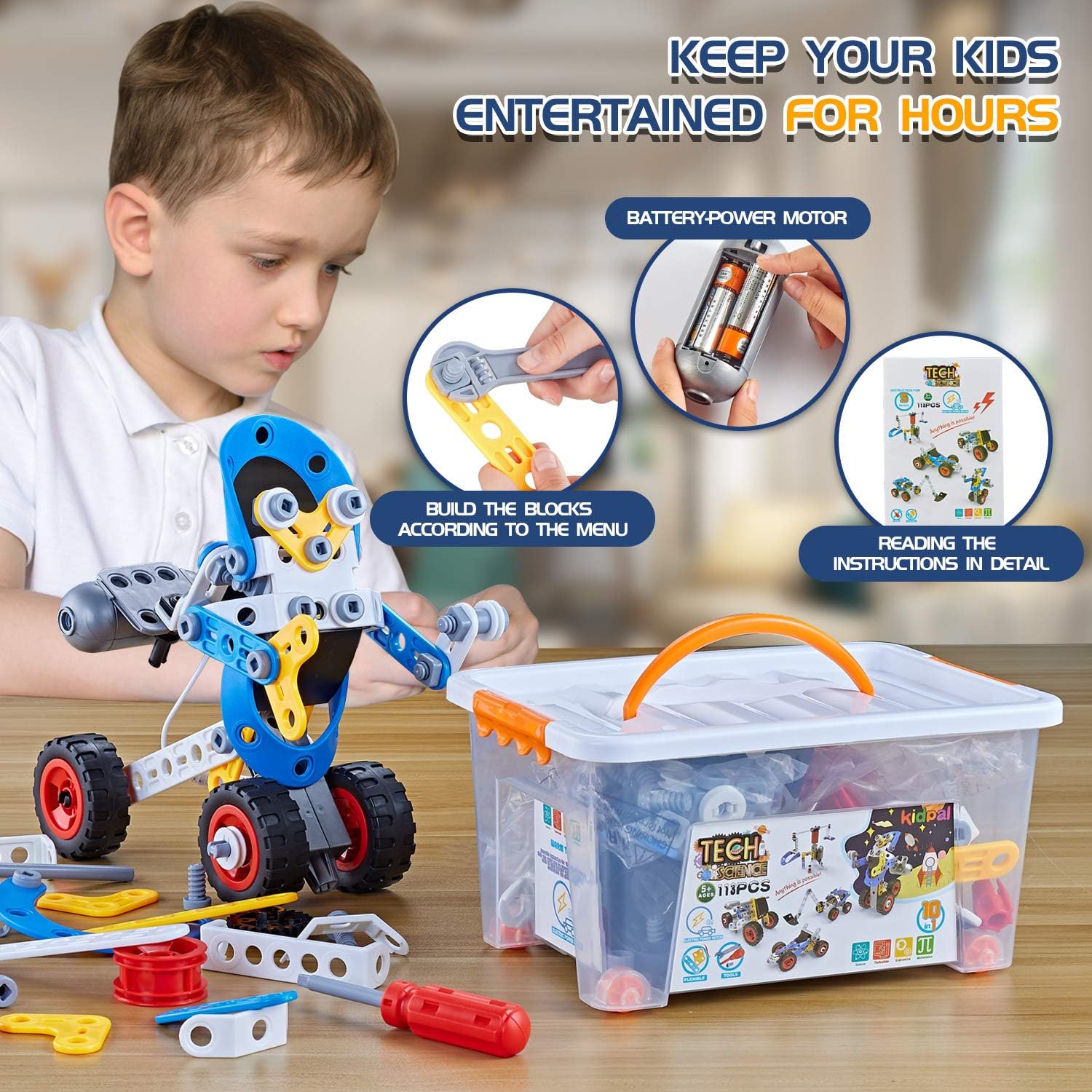 Erector Set for Boys 6-12, Building Toys for Kids Ages 4-8, 5 in 1 STEM Toys Ages 4-7 with Electric Power Motor, Construction Toys for Age 5 7 8 9 Years Old, 113 PCS DIY - Image 6