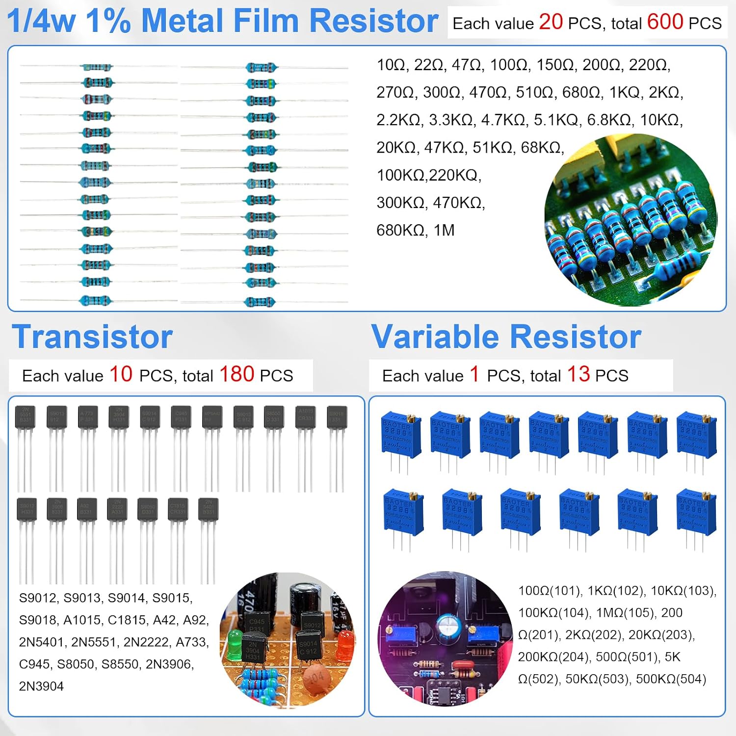 Electronic Component Kit, 1780 Pcs DIY Electronics Kit with Resistors,Capacitor,LED Diodes,Transistors,Dupont Wire,Breadboard,PCB,Potentiometer,Triode,IC,Crystal Oscillator,Buzzer,Switch,Motor,Speaker - Image 3