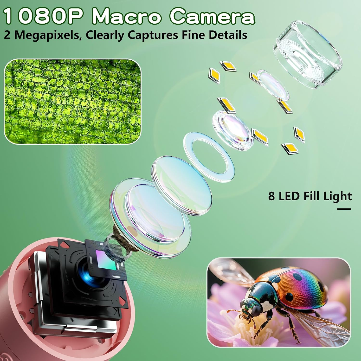 Odatay 1000X Digital Kids Microscope Kit with 12 Slides & 2" Screen, Pink - Image 3