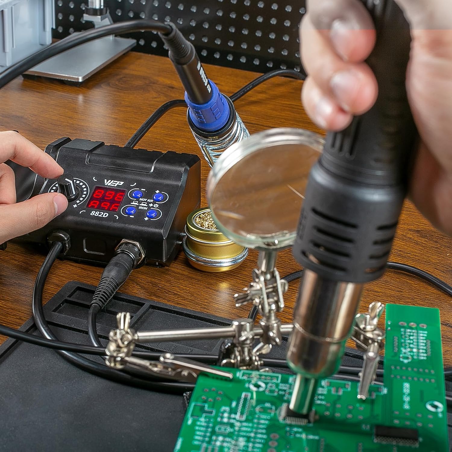 WEP 882D Soldering Iron Station 2-IN-1 SMD Hot Air Rework Station with 2 Spools of Solder Wire, 5 Soldering Tips, 3 Hot Air Nozzles, Brass Wool Tip Cleaner, Tweezers, Desoldering pump - Image 2