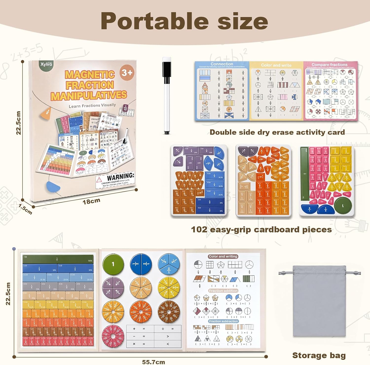 Magnetic Fraction Manipulatives for Kids, Fraction Tiles & Circles with Magnetic Fraction Board, Dry-Erase Activities for Comparing & Learning Fractions, Elementary Classroom Math Teaching Aid - Image 2